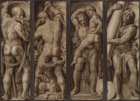 Maerten van Heemskerck, Saturn Devouring a Child; Hercules Slaying the Hydra; Hercules Lifting Antaeus; Hercules Erecting the Columns of Calpe and Abyla, ca. 1550