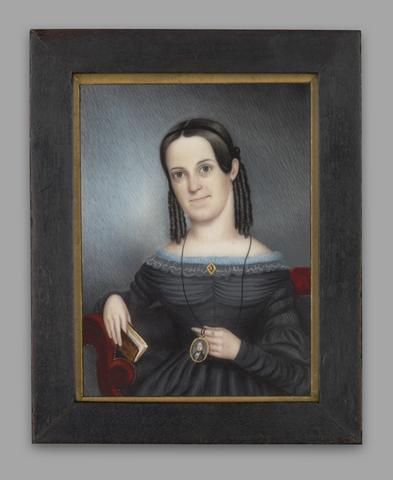 Aramenta Dianthe Vail, Lady Wearing Miniature and Holding Book, 1840