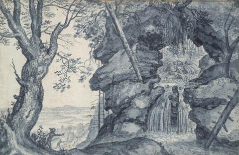 Paul Bril, Rocky Landscape with Waterfall and Hunters, 17th century