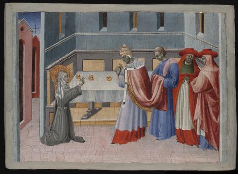 Giovanni di Paolo, Saint Clare of Assisi Blessing the Bread before Pope Innocent IV, ca. 1455