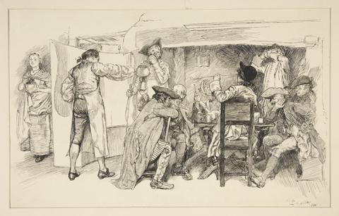 Edwin Austin Abbey, An Ale House Room - "Tony sings the Three Pigeons," illustration for Oliver Goldsmith's She Stoops to Conquer, 1884