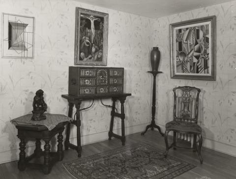 John Schiff, Interior view of Katherine S. Dreier's West Redding home, "The Haven," with Jacques Villon's Abstract Composition [Phillips Collection] -- Crucifixion [by KSD?] -- Fernand Leger's Les Helices [MoMA], 1941