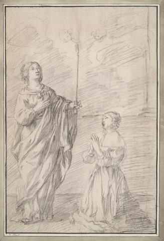 Unknown, Woman kneeling before female saint, n.d.