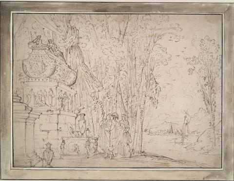 Unknown, Three Figures Contemplating a Sarcophagus, early 18th century