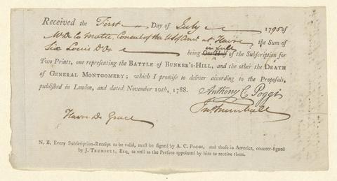 John Trumbull, Receipt for Battle of Bunker's Hill and Death of General Montgomery (subscription receipt), 1795
