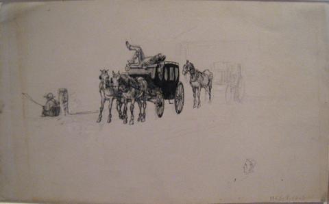 Edwin Austin Abbey, Carriages and a Man Fishing (recto); Three Caricatures of a Head and Abbey's Name (verso), mid-19th to early 20th century