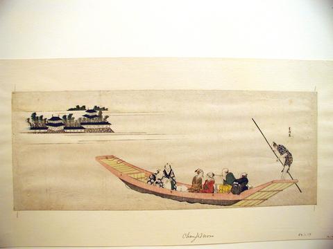 Katsushika Hokusai, Two women and four man in a boat crossing river being poled by coolie standing on the stern, ca. 1798