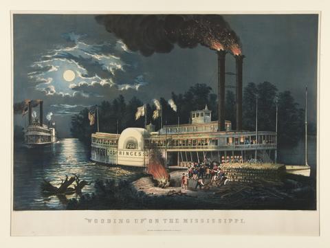 Currier & Ives, "Wooding Up" on the Mississippi, 1863