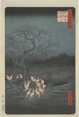 Utagawa Hiroshige, New Year’s Eve, Foxfires by the Nettle Tree at Oji, from the series One Hundred Famous Views of Edo, 9th month, 1857