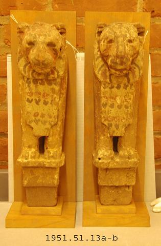 Pair polychrome lion ornaments, ca. 378–341 B.C.