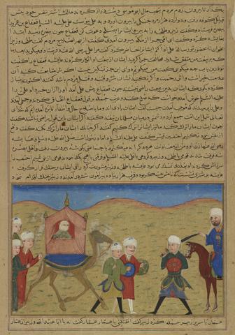 Unknown, Aisha, Widow of the Prophet Muhammad, at the Battle of the Camel, from a dispersed Assembly of Histories (Majma’ al-Tawarikh) manuscript, ca. 1425