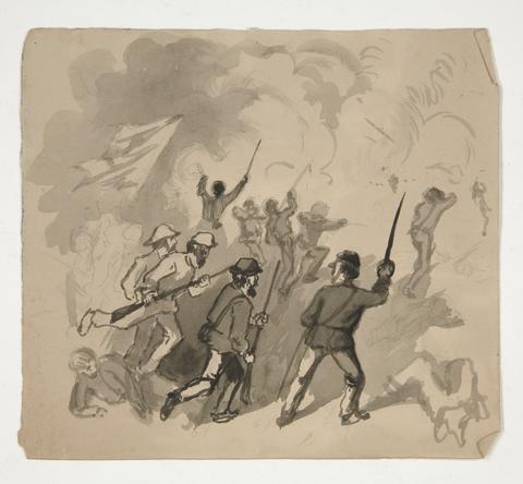 Edwin Austin Abbey, Civil War battle scene (recto); Unidentified illustration of man in a forest (verso), mid-19th to early 20th century