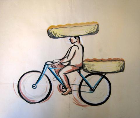 Unknown, Untitled [Bicyclist carrying loads on his head and on rear of bicycle], mid-20th century