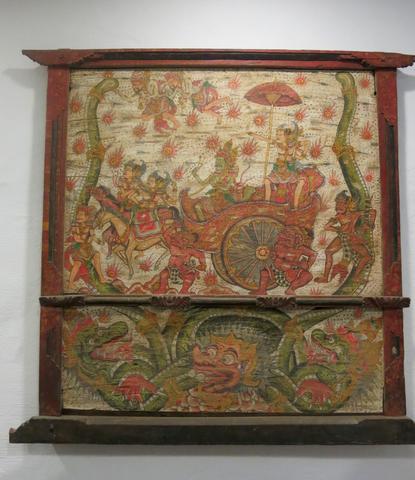 Weapon Display Board (Jagrak) showing Arjuna fighting from his chariot in the Bharatayudha, late 19th–early 20th century