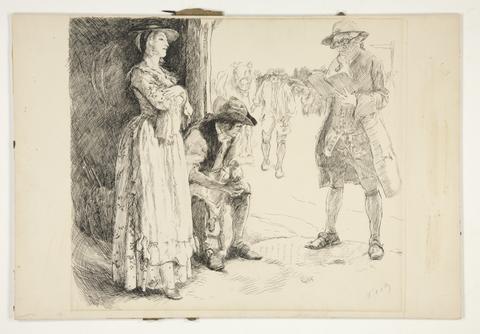 Edwin Austin Abbey, "Relax his ponderous strength and lean to hear," illustration for Oliver Goldsmith's The Deserted Village (London and New York: 1902), p. 57, ca. 1890s