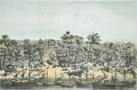William Endicott, Sacramento City Ca. From the Foot of J. Street, showing I. J. & K. Sts. with the Sierra Nevada in the Distance., ca. 1849