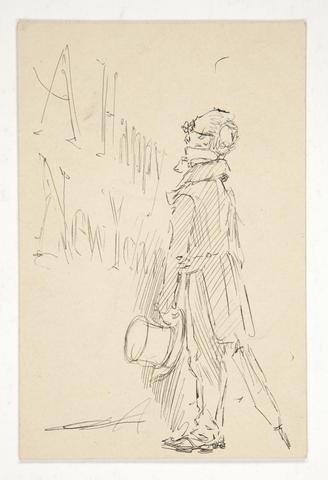 Edwin Austin Abbey, Sketch for a greeting card: A Happy New Year; study of a man reading a sign, n.d.