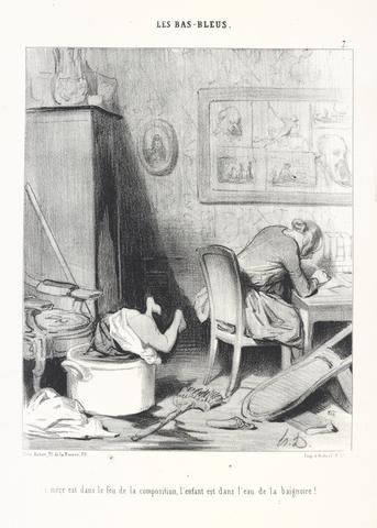 Honoré Daumier, La mère est dans le feu de la composition, l'enfant est dans l'eau de la baignoire! (The mother is in the heat of composition, the baby is in the bathwater!), pl. 7 from the series Les Bas-Bleus (The Bluestockings) from the album Les Bas-Bleus, 1844