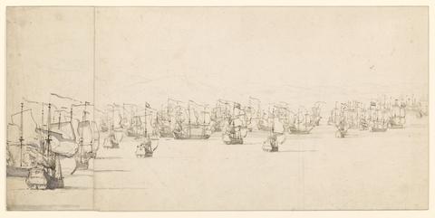 Willem van de Velde I, Dutch and English Ships Running in toward a Fleet at Anchor, mid to late 17th century