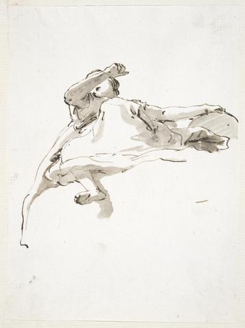 Giovanni Battista Tiepolo, Reclining female figure, left hand resting on globe, right arm raised in front of face, seen from below, ca. 1740–50