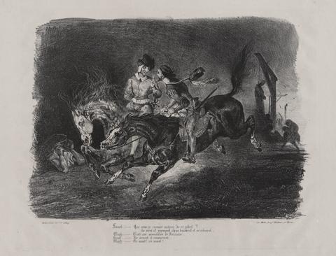 Eugène Delacroix, Faust et Méphistophèles galopant dans la nuit du Sabbat (Faust and Mephistopheles Galloping on the Night of the Witches' Sabbath), from Johann Wolfgang von Goethe's Faust, 1827, published 1828