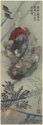 Tsukioka Yoshitoshi, Chang Shun wrestling with Li K'uei in the Ching Yang River, 1887