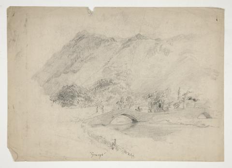 Edwin Austin Abbey, "Grange" - landscape with river, bridge, mountains in distance, n.d.