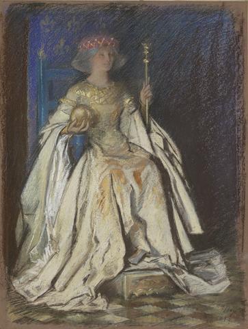 Edwin Austin Abbey, A Queen Enthroned, in gold dress, 1893