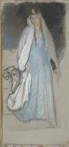 Edwin Austin Abbey, Study, Woman in green and blue dress with white veil, late 19th–early 20th century