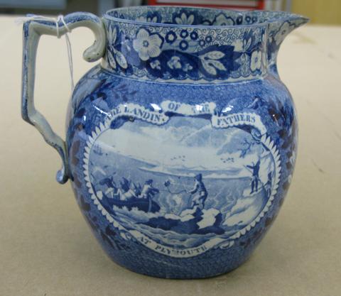 Enoch Wood and Sons, Pitcher with a view of "The Landing of the Fathers at Plymouth", 1820–40