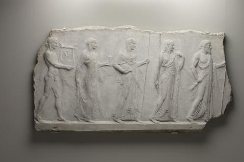 Unknown, Archaistic relief showing five divinities: Zeus, Hera, Athena, Aphrodite, and Apollo., 25 B.C.–A.D. 14