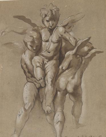 Giovanni Pietro Possenti, Two Putti Carrying a Third Putti (recto); A Youth with a Staff (verso), mid-17th century