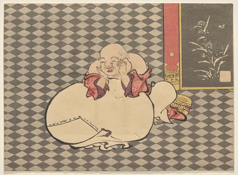 Suzuki Harunobu, Hotei Seated on the Floor of a Chinese-Style Room , 1765 (Year of the Rooster) 