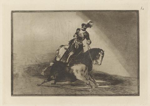 Francisco Goya, Carlos V. lanceando un toro en la plaza de Valladolid (Charles V. Spearing a Bull in the Ring at Valladolid), Plate 10 from La tauromaquia, 1876