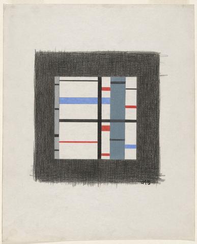 Burgoyne Diller, Geometrical design in black and white, grey, red, and blue, 1945