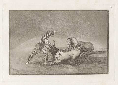Francisco Goya, Un caballero español mata un toro despues de haber perdido el caballo (A Spanish Knight Kills the Bull after Having Lost his Horse), Plate 9 from La tauromaquia, 1816