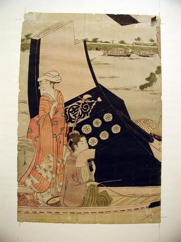 Hosoda Eishi, A couple in boat beside prow of larger boat, 3rd quarter of 18th–1st quarter 19th century