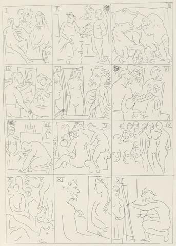 Pablo Picasso, Table des eaux-fortes (Table of Etchings), plate 13 from Honoré de Balzac's Le chef-d'oeuvre inconnu (The Unknown Masterpiece), July 4, 1931