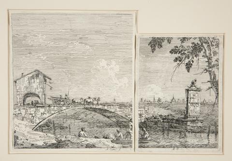 Canaletto (Giovanni Antonio Canal), The Wagon Passing over a Bridge [and] The Little Monument (under a Tree), from the series Vedute (Views), 1735–1746
