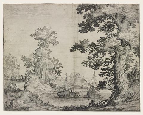 Ercole Bazzicaluva, Landscape with a river between trees and hills, two ships in the center, ca. 1640
