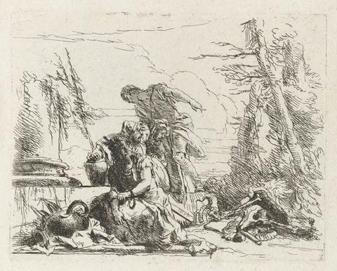 Giovanni Battista Tiepolo, A Woman with Her Arms in Chains and Four Other Figures, from Vari capricci (Various Capriccios), 1740–42, printed 1785 (second edition)