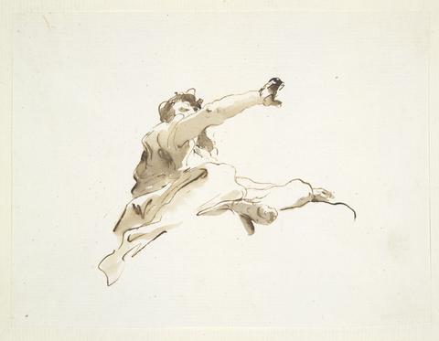 Giovanni Battista Tiepolo, Seated figure with head turned to the left and right arm raised, seen from below, ca. 1740–50