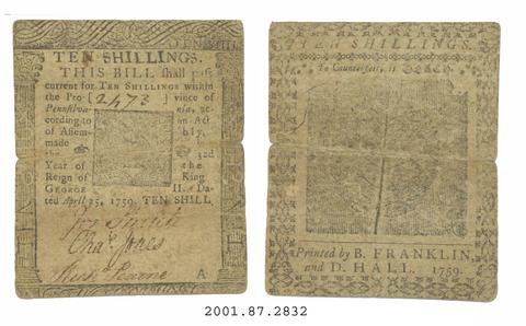 Franklin and Hall, Philadelphia, Continental ten shilling bill, April 25, 1759