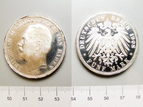 Friedrich Zahringen II, 5 Marks of Friedrich Zahringen II from Stuttgart, 1908
