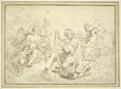 Matthys van den Bergh, King David Playing the Harp Accompanied By Singing Angels (recto); ornament (verso), 17th century
