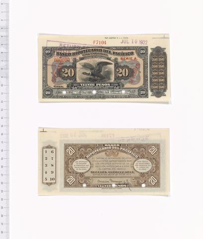 Banco Hipotecario del Pacifico, 20 Pesos of Banco Hipotecario del Pacifico from Colombia, 1922