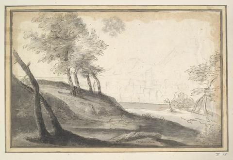 Unknown, Mountainous landscape with trees and city in distance, n.d.