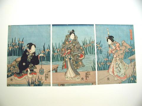 Utagawa Kunisada, Yatsu-hashi bridge (Bridge of eight parts in Mikiwa province; when Narihara passed here he found irises in full bloom and composed a poem), 1852