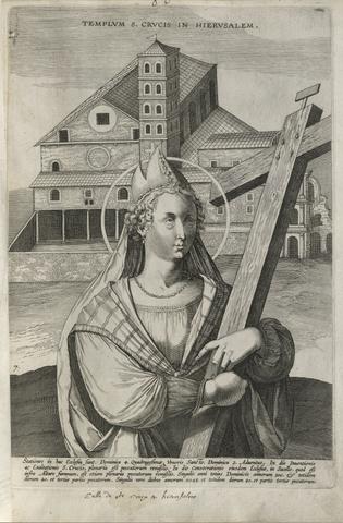 Unknown, Saint Helena in front of the Basilica of Santa Croce in Gerusalemme, 1 of 8 prints in the series Septem Urbis Ecclesiae Primariae (The Seven Basilicas of Rome), 16th century