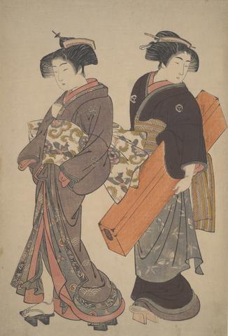 Kitao Shigemasa, Woman with her maid on her way to an engagement, 1777